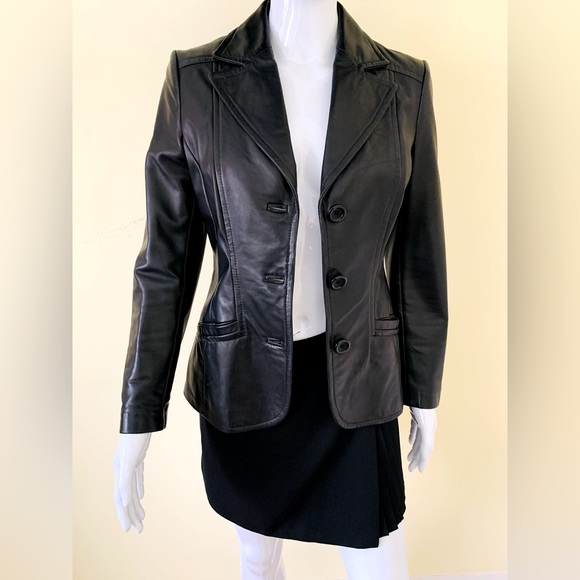 Danier Black Genuine Leather Blazer Button Jacket Goth Matrix Double Collar XXS - Picture 3 of 16